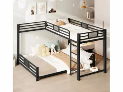 Discount Cama superpuesta de metal en forma de L - 90x200 cm + 140x200 cm - con barreras de seguridad y escalera - Metal - ​ (Colchón no incluido) Cama Litera