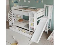 Clearance ModernLuxe Cama superpuesta infantil 90x200 cm - con escalera de almacenamiento y tobogán - con una biblioteca ilustrada - con 2 cajones - ​ (sin colchón) Blanco
