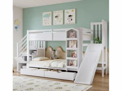 Clearance ModernLuxe Cama superpuesta infantil 90x200 cm - con escalera de almacenamiento y tobogán - con una biblioteca ilustrada - con 2 cajones - ​ (sin colchón) Blanco