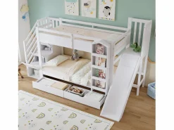 Clearance ModernLuxe Cama superpuesta infantil 90x200 cm - con escalera de almacenamiento y tobogán - con una biblioteca ilustrada - con 2 cajones - ​ (sin colchón) Blanco