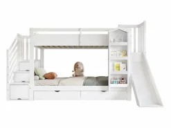 Clearance ModernLuxe Cama superpuesta infantil 90x200 cm - con escalera de almacenamiento y tobogán - con una biblioteca ilustrada - con 2 cajones - ​ (sin colchón) Blanco