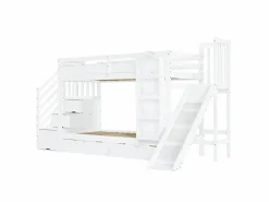 Clearance ModernLuxe Cama superpuesta infantil 90x200 cm - con escalera de almacenamiento y tobogán - con una biblioteca ilustrada - con 2 cajones - ​ (sin colchón) Blanco