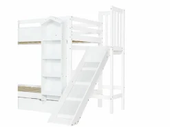 Clearance ModernLuxe Cama superpuesta infantil 90x200 cm - con escalera de almacenamiento y tobogán - con una biblioteca ilustrada - con 2 cajones - ​ (sin colchón) Blanco