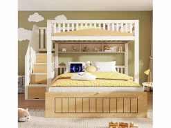 Discount Cama superpuesta 90x200cm + 140x200cm - Cama inferior con espacio de almacenamiento - escalera con almacenamiento - con puerto USB - Blanco+Natural​ (sin colchón) Cama Litera