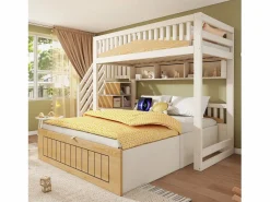 Discount Cama superpuesta 90x200cm + 140x200cm - Cama inferior con espacio de almacenamiento - escalera con almacenamiento - con puerto USB - Blanco+Natural​ (sin colchón) Cama Litera