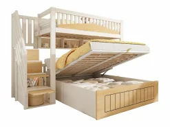 Discount Cama superpuesta 90x200cm + 140x200cm - Cama inferior con espacio de almacenamiento - escalera con almacenamiento - con puerto USB - Blanco+Natural​ (sin colchón) Cama Litera