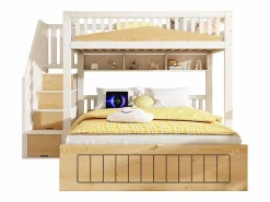 Discount Cama superpuesta 90x200cm + 140x200cm - Cama inferior con espacio de almacenamiento - escalera con almacenamiento - con puerto USB - Blanco+Natural​ (sin colchón) Cama Litera