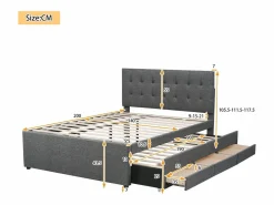 Cama tapizada, cama doble, cama familiar, cama de matrimonio con tres cajones, cama nido, cabecero regulable, , 140x200cm