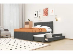 Cama tapizada, cama doble, cama familiar, cama de matrimonio con tres cajones, cama nido, cabecero regulable, , 140x200cm