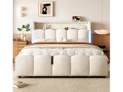 ModernLuxe Cama tapizada con almacenaje 140x200 cm - con iluminación LED - con puertos USB + Type-C - terciopelo - (colchón no incluido)