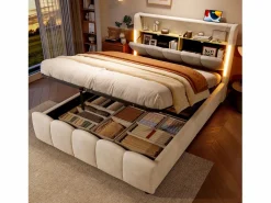 ModernLuxe Cama tapizada con almacenaje 140x200 cm - con iluminación LED - con puertos USB + Type-C - terciopelo - (colchón no incluido)