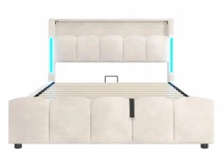 ModernLuxe Cama tapizada con almacenaje 140x200 cm - con iluminación LED - con puertos USB + Type-C - terciopelo - (colchón no incluido)
