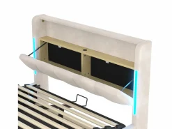 ModernLuxe Cama tapizada con almacenaje 140x200 cm - con iluminación LED - con puertos USB + Type-C - terciopelo - (colchón no incluido)
