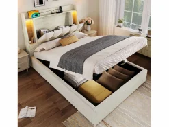 Hot Cama tapizada con almacenaje - 90 x 200 cm - con USB + LED + cabecero con almacenaje - lino - Cama Con Canapé|Cama Infantil