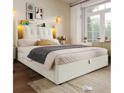 Hot Cama tapizada con almacenaje - 90 x 200 cm - con USB + LED + cabecero con almacenaje - lino - Cama Con Canapé|Cama Infantil