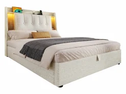 Hot Cama tapizada con almacenaje - 90 x 200 cm - con USB + LED + cabecero con almacenaje - lino - Cama Con Canapé|Cama Infantil