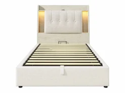 Hot Cama tapizada con almacenaje - 90 x 200 cm - con USB + LED + cabecero con almacenaje - lino - Cama Con Canapé|Cama Infantil