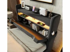 Online Cama tapizada con almacenaje 90x200 cm - con LED y puertos de carga USB - Tela de lino - Cabecero con espacio de almacenamiento - Cama Con Canapé|Cama Con Almacenaje