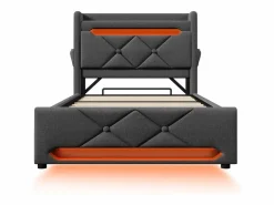 Online Cama tapizada con almacenaje 90x200 cm - con LED y puertos de carga USB - Tela de lino - Cabecero con espacio de almacenamiento - Cama Con Canapé|Cama Con Almacenaje