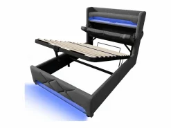 Online Cama tapizada con almacenaje 90x200 cm - con LED y puertos de carga USB - Tela de lino - Cabecero con espacio de almacenamiento - Cama Con Canapé|Cama Con Almacenaje