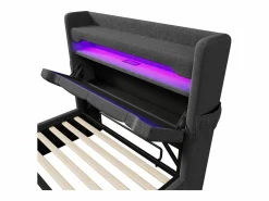 Online Cama tapizada con almacenaje 90x200 cm - con LED y puertos de carga USB - Tela de lino - Cabecero con espacio de almacenamiento - Cama Con Canapé|Cama Con Almacenaje