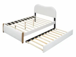 Discount ModernLuxe Cama tapizada de felpa 140x200 cm - con canapé extraíble - con somier de láminas de MDF - Blanco