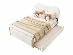 Discount ModernLuxe Cama tapizada de felpa 140x200 cm - con canapé extraíble - con somier de láminas de MDF - Blanco