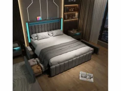 KOMHTOM Cama tapizada para adultos con cargador USB tipo C + iluminación LED + 4 cajones, cama de almacenamiento doble 160x200 cm, (sin colchón).