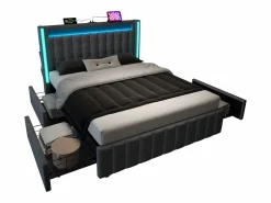 KOMHTOM Cama tapizada para adultos con cargador USB tipo C + iluminación LED + 4 cajones, cama de almacenamiento doble 160x200 cm, (sin colchón).