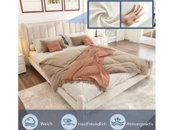 Merax Cama tapizada 180x200 cm con cabecero - cama de terciopelo para adultos - forma de abanico - Beige