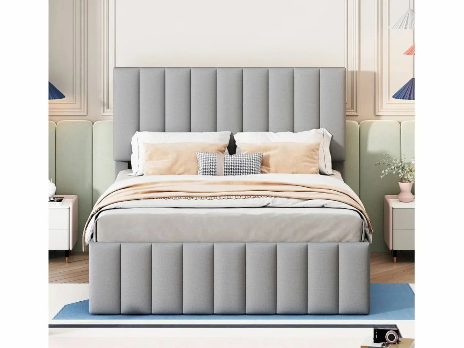 Sale OKWISH Cama tapizada 140x200 cm con nido y cajones, tapizado de lino suave - Gris
