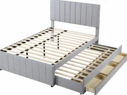 Sale OKWISH Cama tapizada 140x200 cm con nido y cajones, tapizado de lino suave - Gris