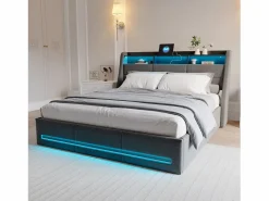 Discount Cama tapizada 140x190cm con compartimento hidráulico - iluminación LED y puerto USB - lino - Gris
