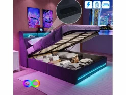 Discount Cama tapizada 140x190cm con compartimento hidráulico - iluminación LED y puerto USB - lino - Gris