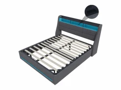 Discount Cama tapizada 140x190cm con compartimento hidráulico - iluminación LED y puerto USB - lino - Gris