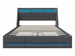 Discount Cama tapizada 140x190cm con compartimento hidráulico - iluminación LED y puerto USB - lino - Gris