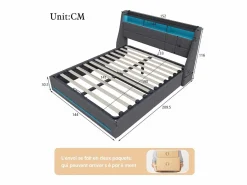 Discount Cama tapizada 140x190cm con compartimento hidráulico - iluminación LED y puerto USB - lino - Gris