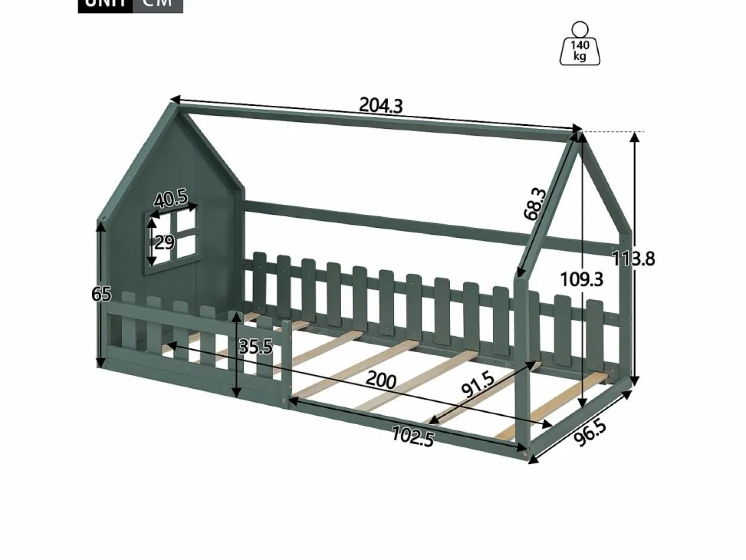 OKWISH Cama tipo cabaña de 90x200 cm, cama infantil con barandillas y somier de listones de madera - pino - (sin colchón)