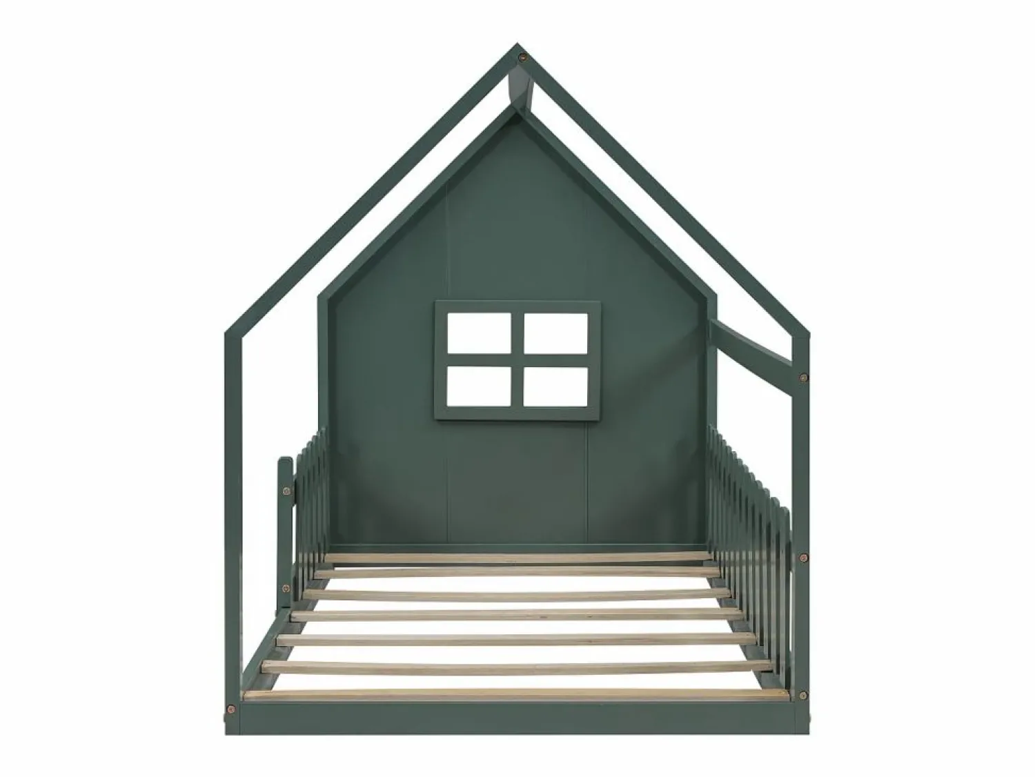 OKWISH Cama tipo cabaña de 90x200 cm, cama infantil con barandillas y somier de listones de madera - pino - (sin colchón)
