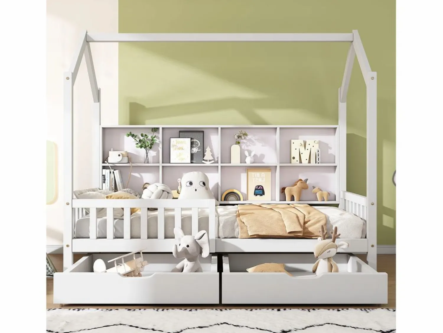 Hot ModernLuxe Cama tipo cabina de madera maciza - con estantes y 2 cajones - 90x200cm - Blanco