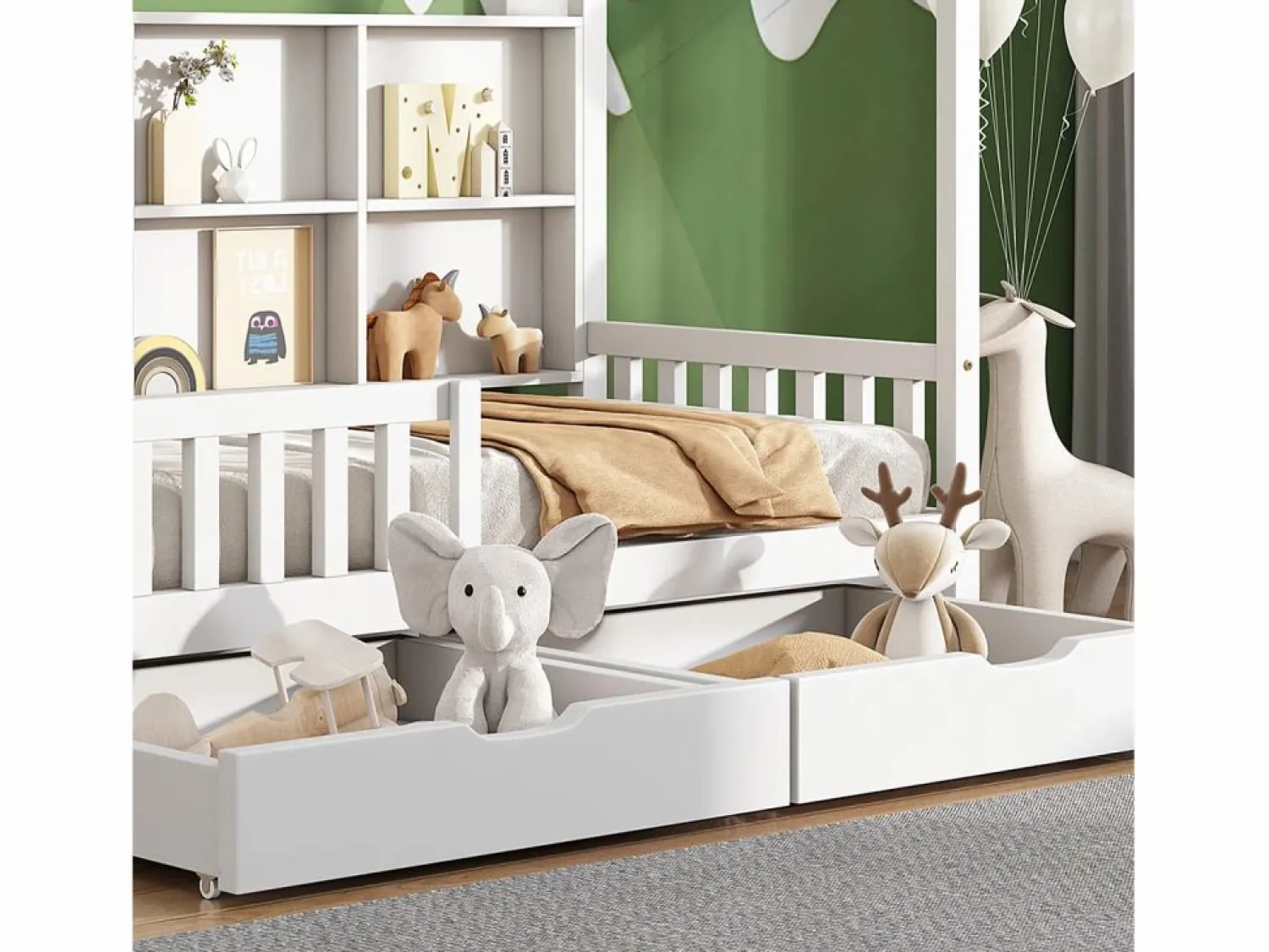 Hot ModernLuxe Cama tipo cabina de madera maciza - con estantes y 2 cajones - 90x200cm - Blanco