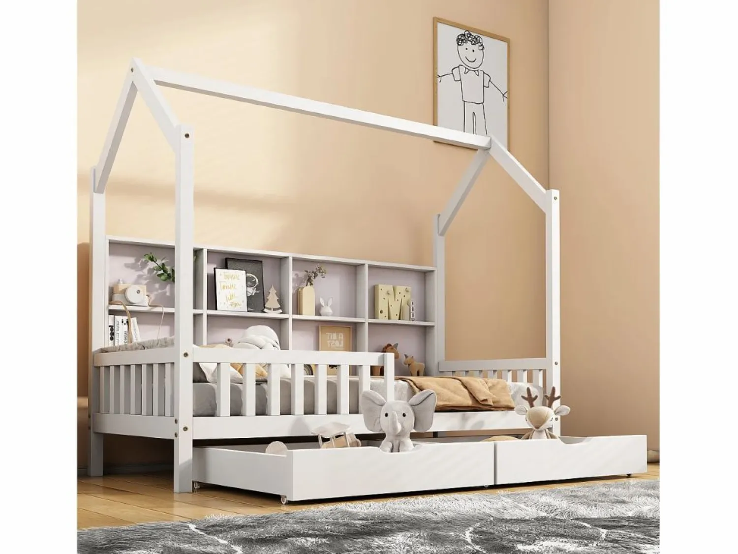 Hot ModernLuxe Cama tipo cabina de madera maciza - con estantes y 2 cajones - 90x200cm - Blanco