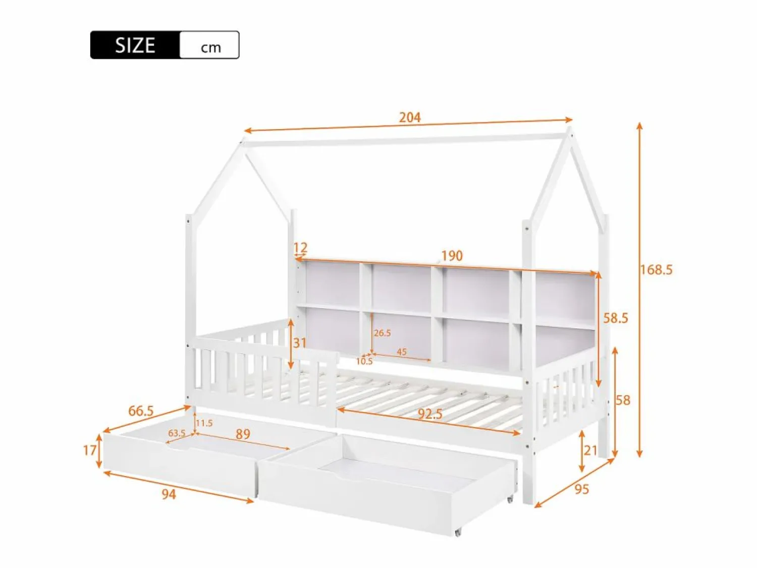 Hot ModernLuxe Cama tipo cabina de madera maciza - con estantes y 2 cajones - 90x200cm - Blanco