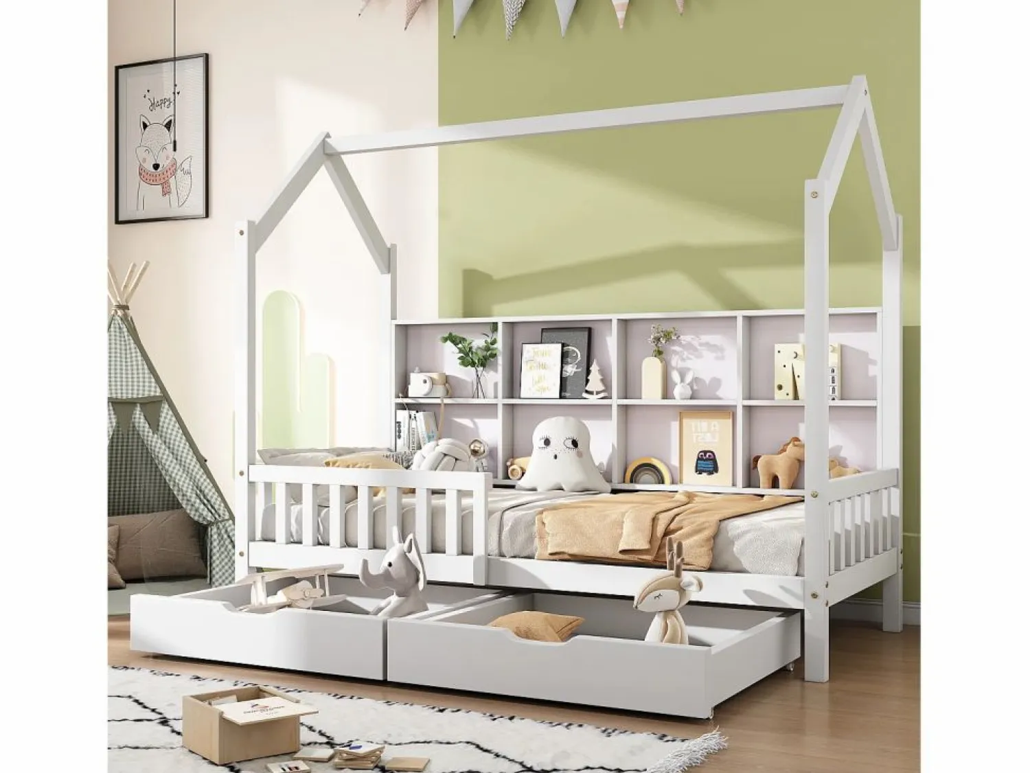 Hot ModernLuxe Cama tipo cabina de madera maciza - con estantes y 2 cajones - 90x200cm - Blanco