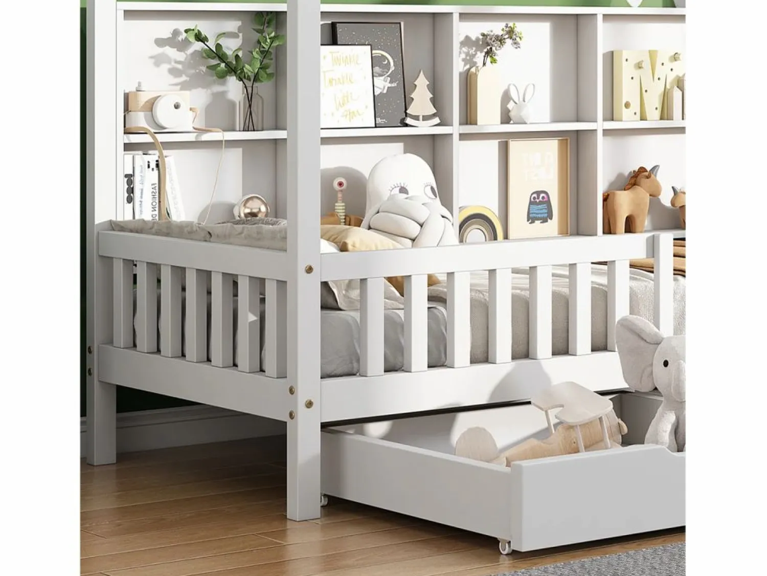 Hot ModernLuxe Cama tipo cabina de madera maciza - con estantes y 2 cajones - 90x200cm - Blanco