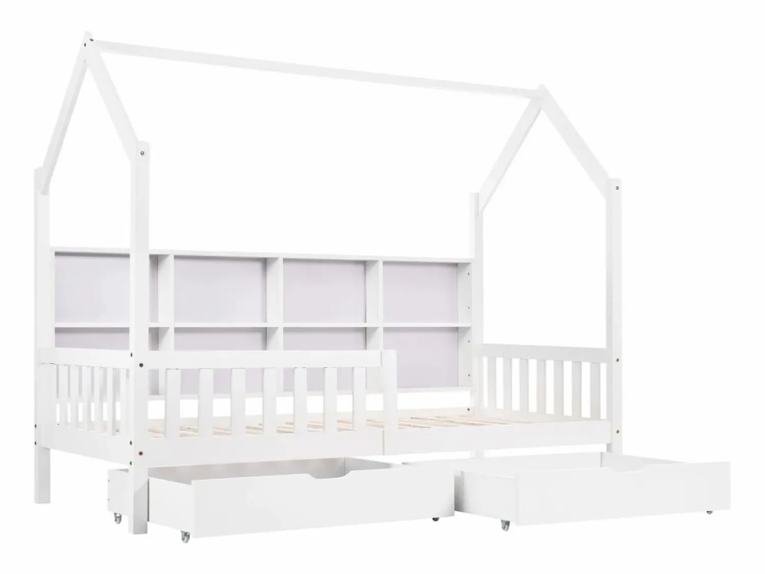 Hot ModernLuxe Cama tipo cabina de madera maciza - con estantes y 2 cajones - 90x200cm - Blanco