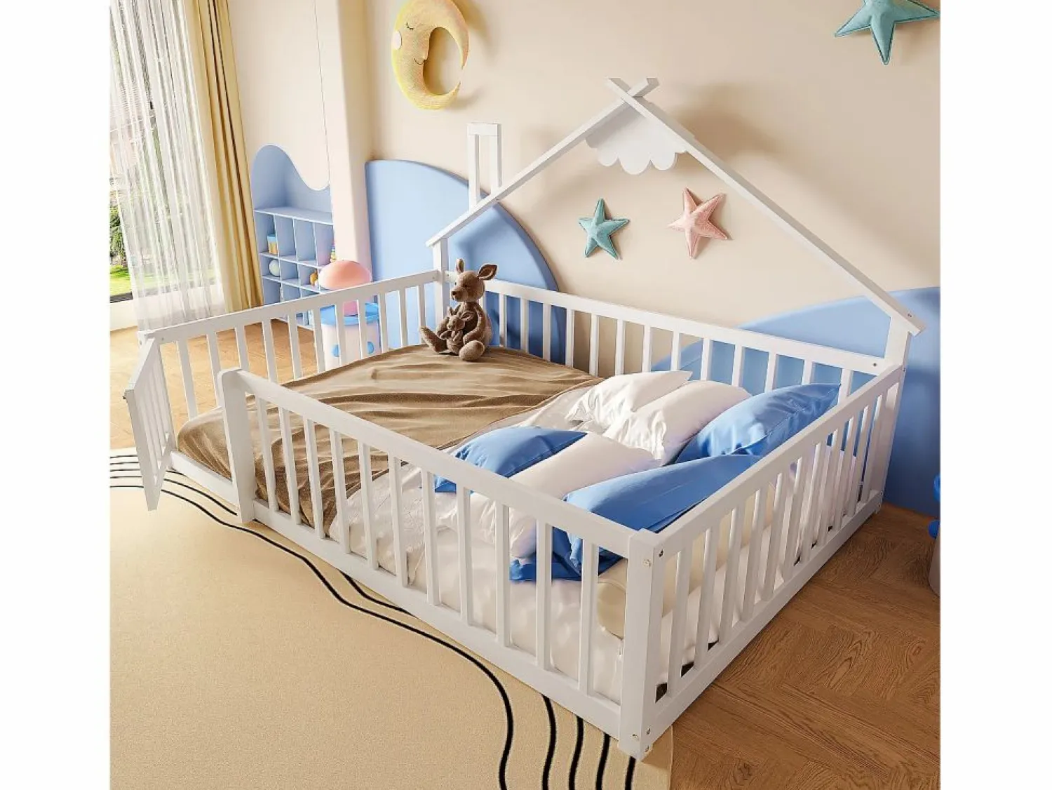 ModernLuxe Cama tipo casita infantil 140x190cm - con barreras de seguridad - madera maciza - blanca (sin colchón) Blanco