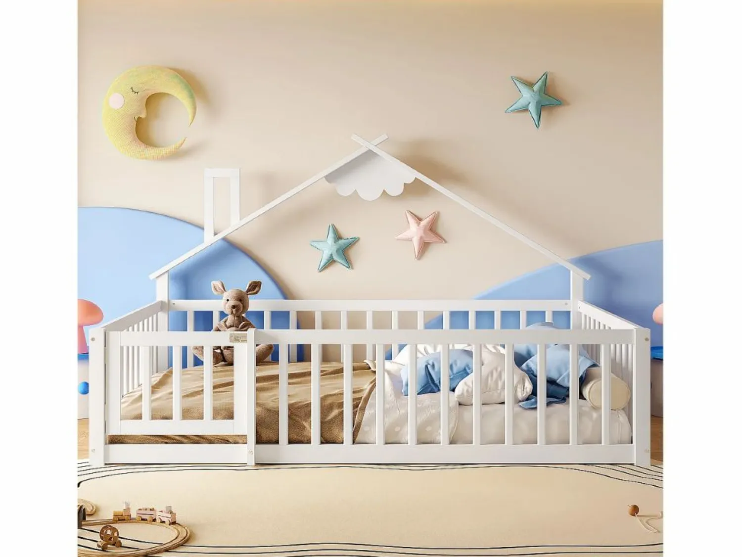 ModernLuxe Cama tipo casita infantil 140x190cm - con barreras de seguridad - madera maciza - blanca (sin colchón) Blanco