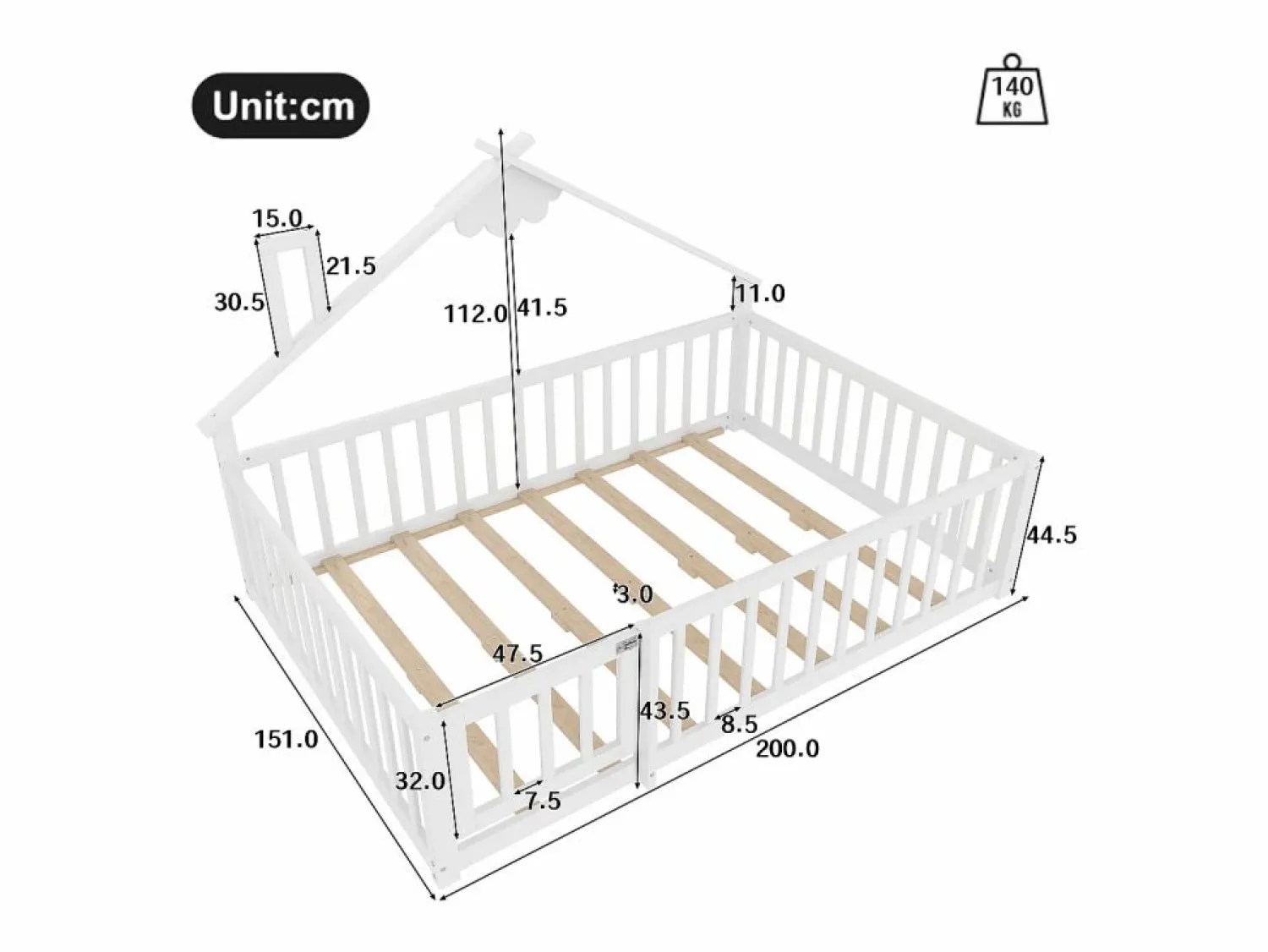 ModernLuxe Cama tipo casita infantil 140x190cm - con barreras de seguridad - madera maciza - blanca (sin colchón) Blanco