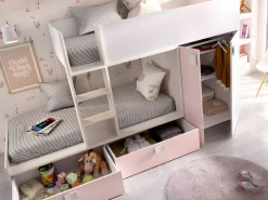 Vente-unique Cama tren armario e 2 x 90 x 190 cm blanco natural y rosa JUANITO